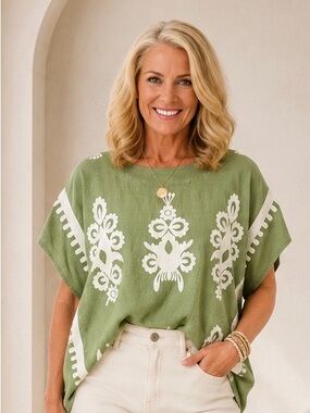 Umgee Olive Green Tunic with White Embroidered Motif Size M